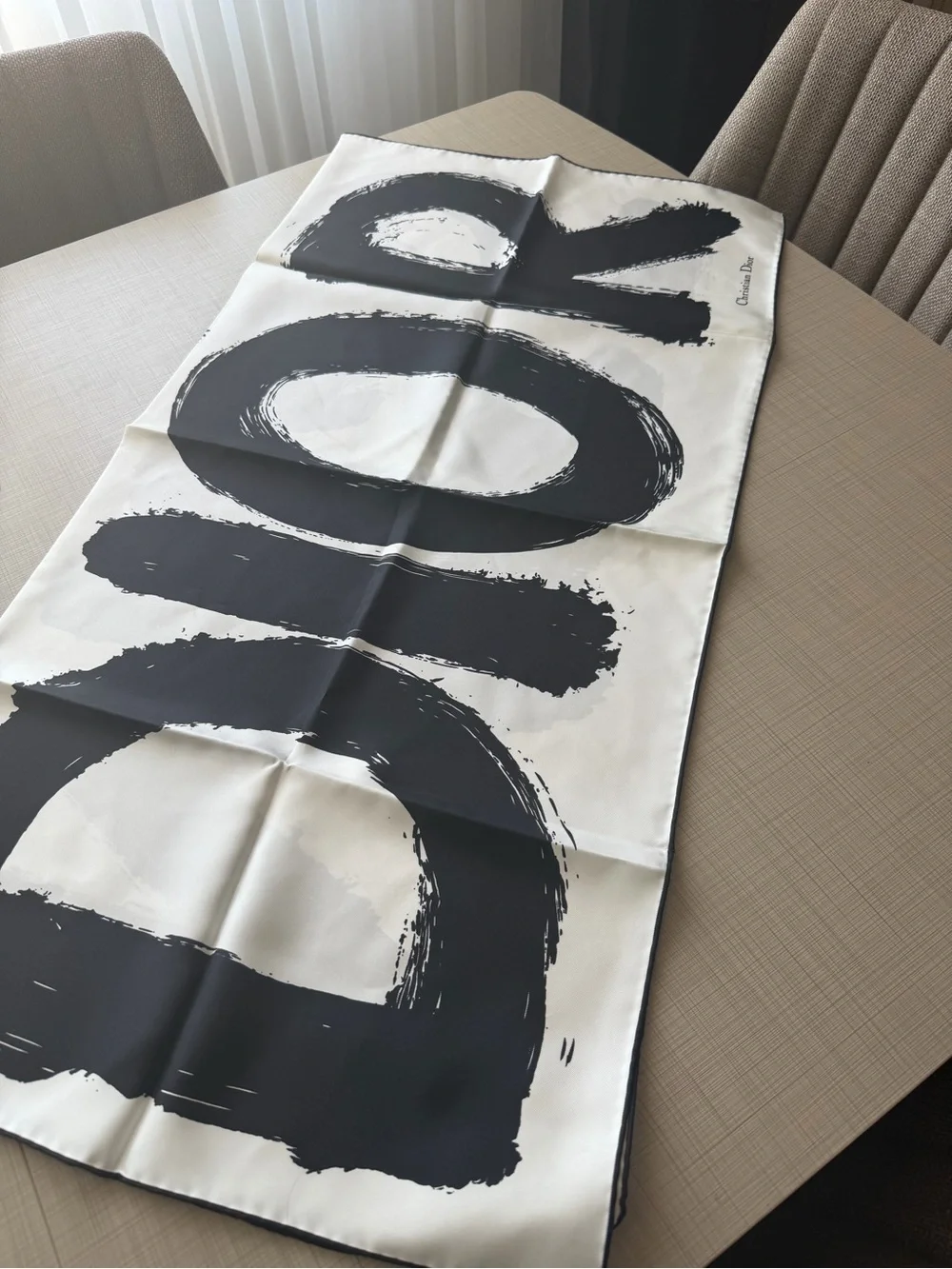 Dior Black and White Silk Scarf with Graphic Print